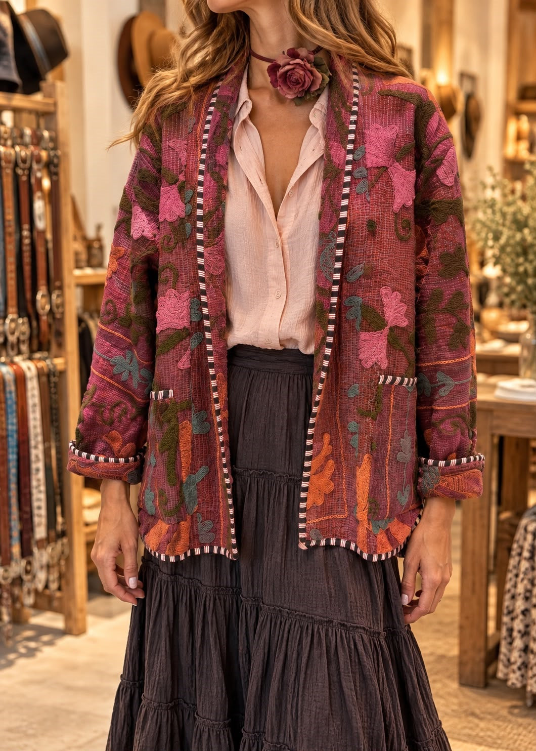 Chaqueta kimono bordada rosa