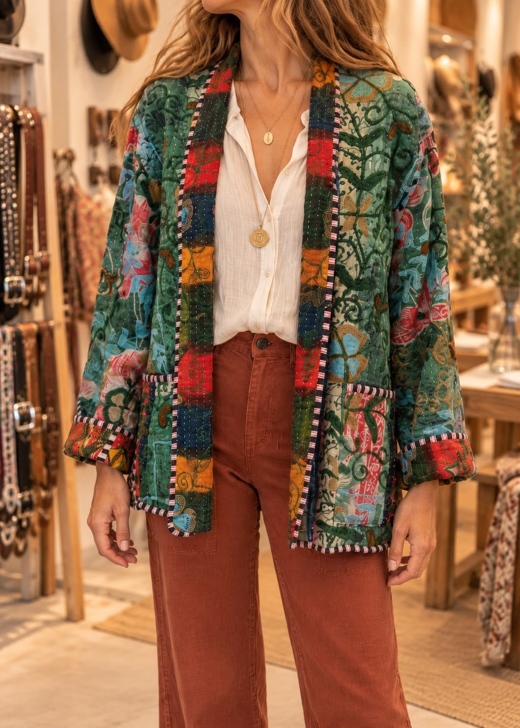 Chaqueta kimono bordada verde