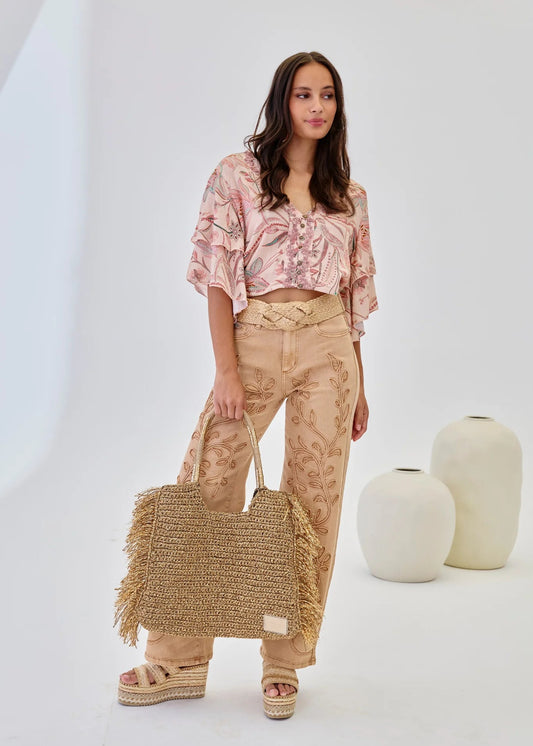 Blusa cropped estampada volantes