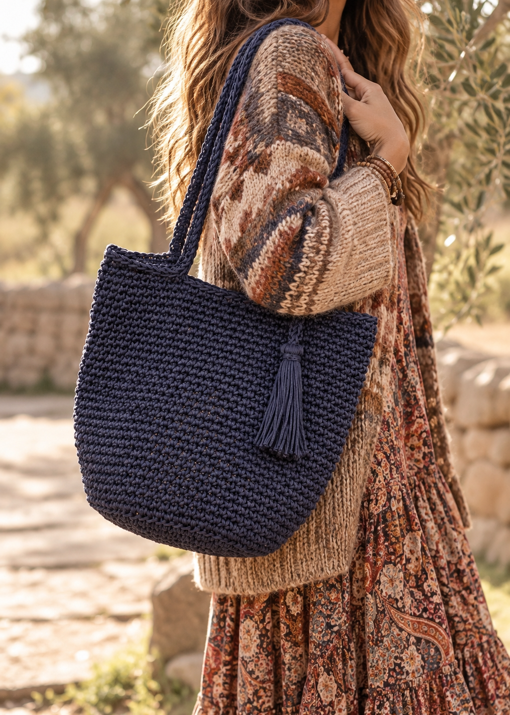 Bolso shopping Macramé azul marino