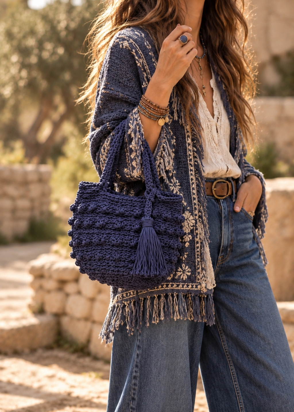 Bolso de mano Macramé azul marino