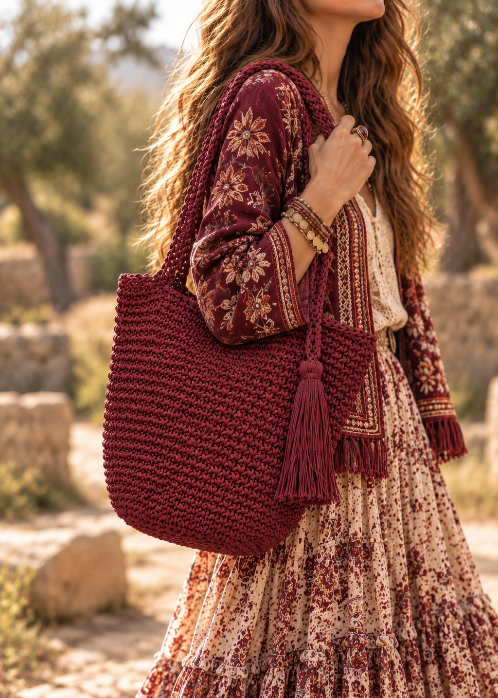 Bolso shopping Macramé burdeos