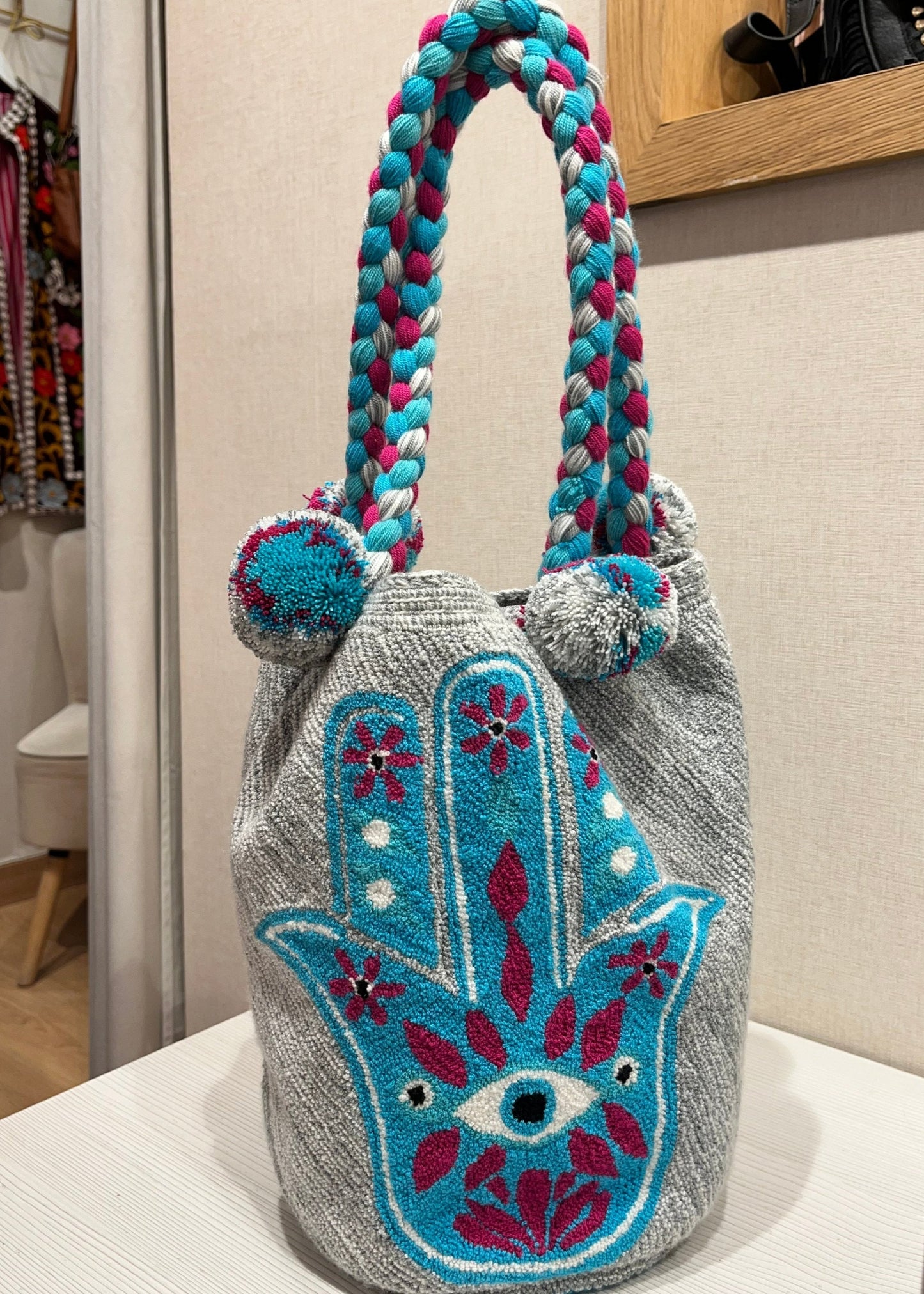 Bolso wayuu gris turqueza