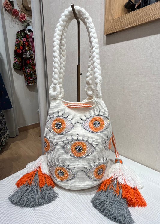 Bolso wayuu blanco ojo turco