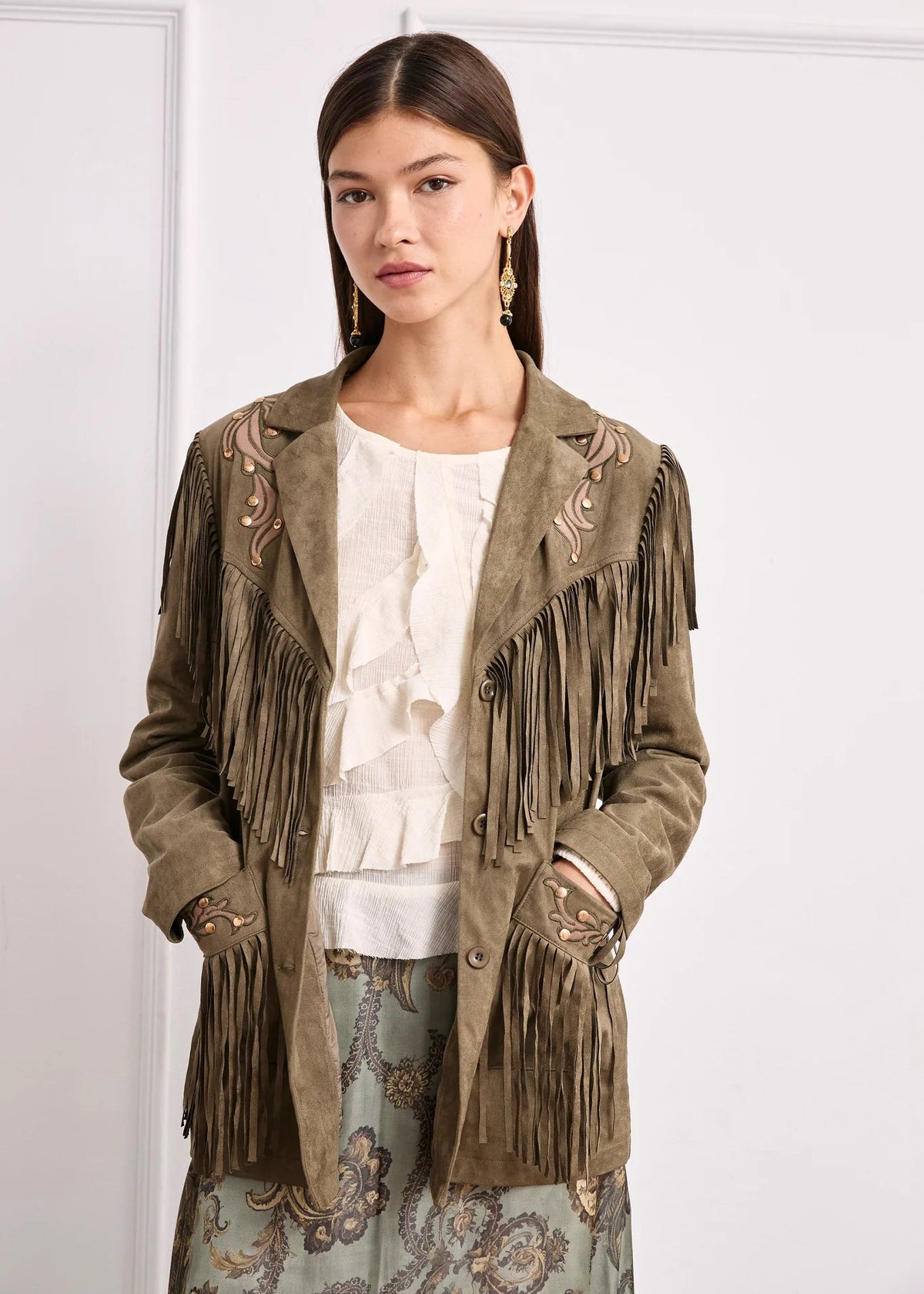 Chaqueta flecos caqui