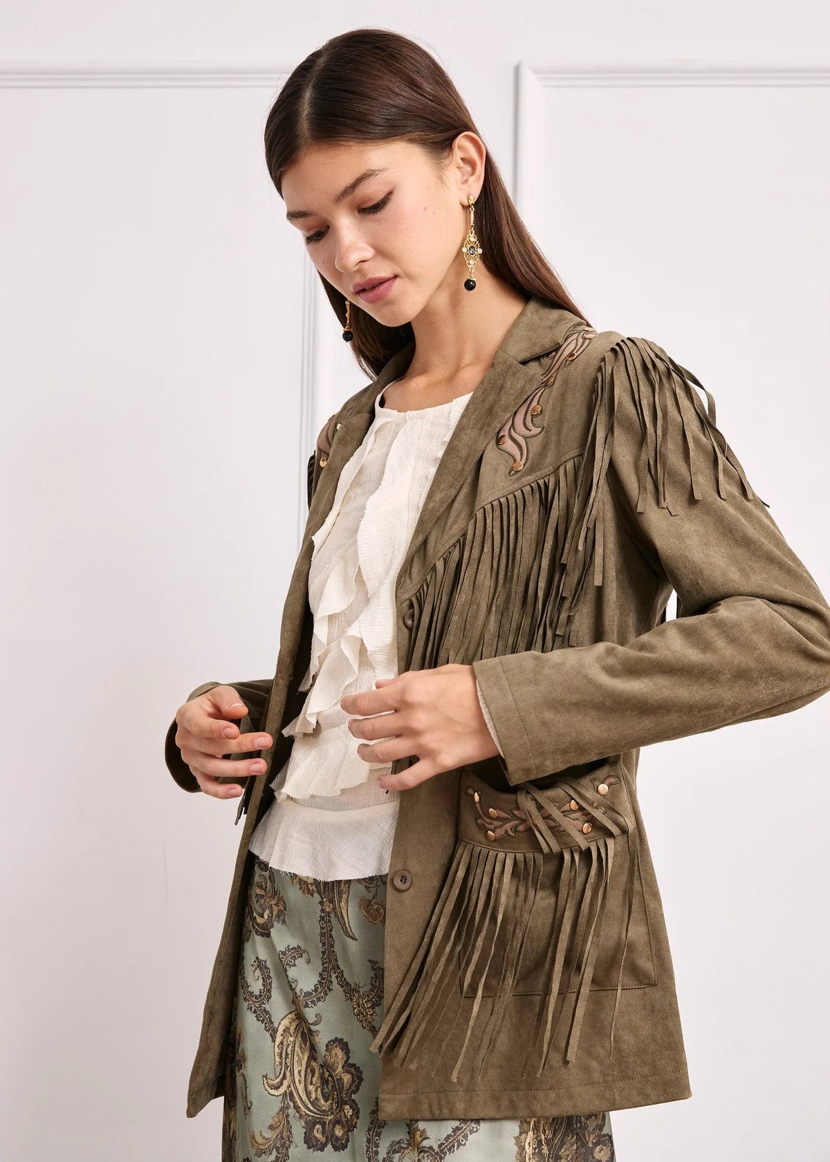 Chaqueta flecos caqui