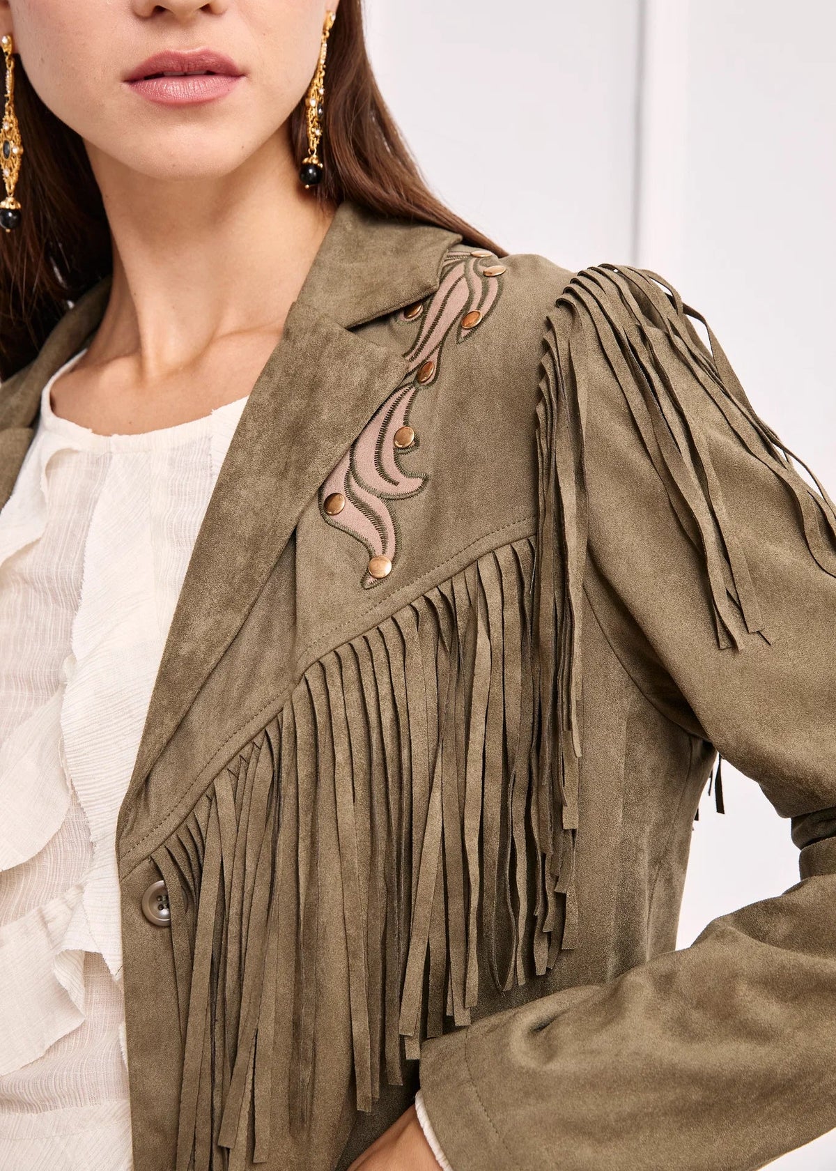 Chaqueta flecos caqui