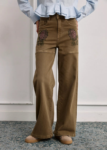Jeans flores bordadas caqui