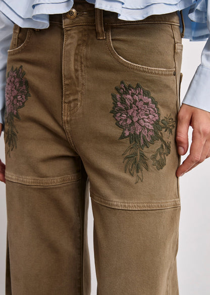 Jeans flores bordadas caqui