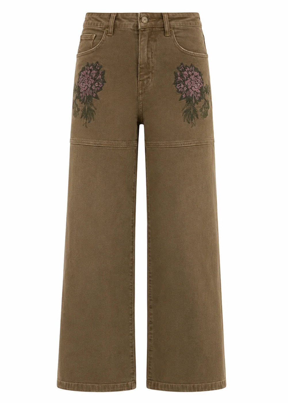 Jeans flores bordadas caqui