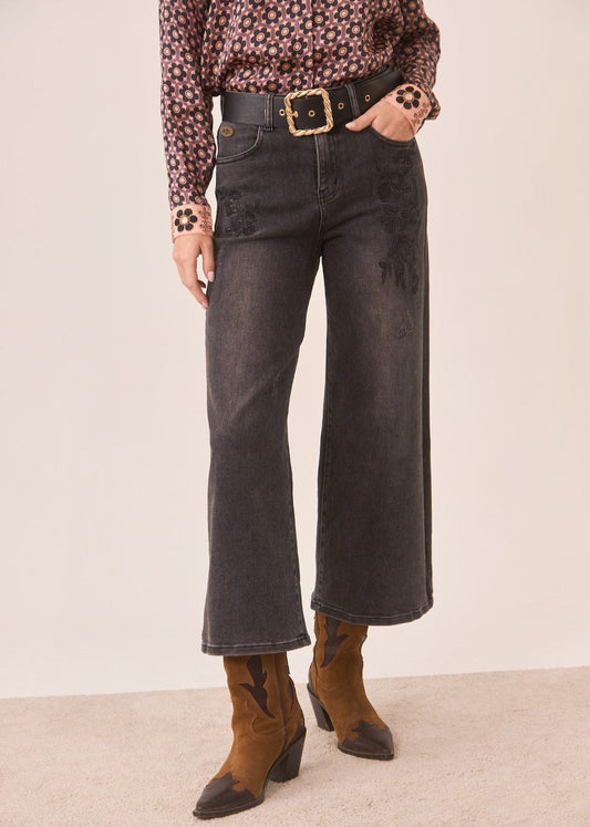 Jeans wide leg bordado