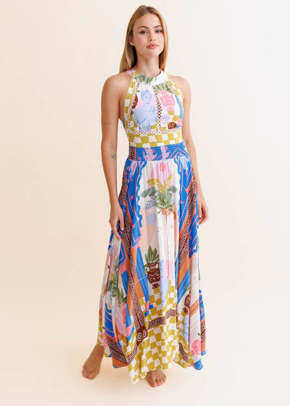Vestido largo halter estampado