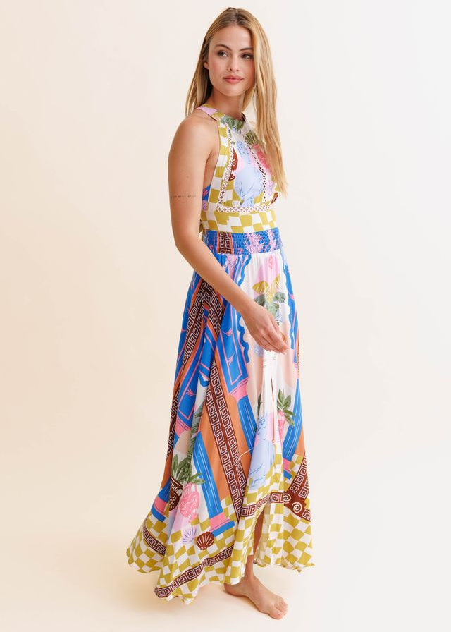 Vestido largo halter estampado