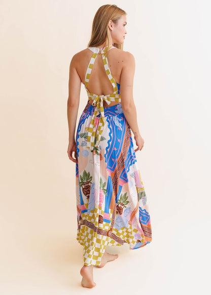 Vestido largo halter estampado